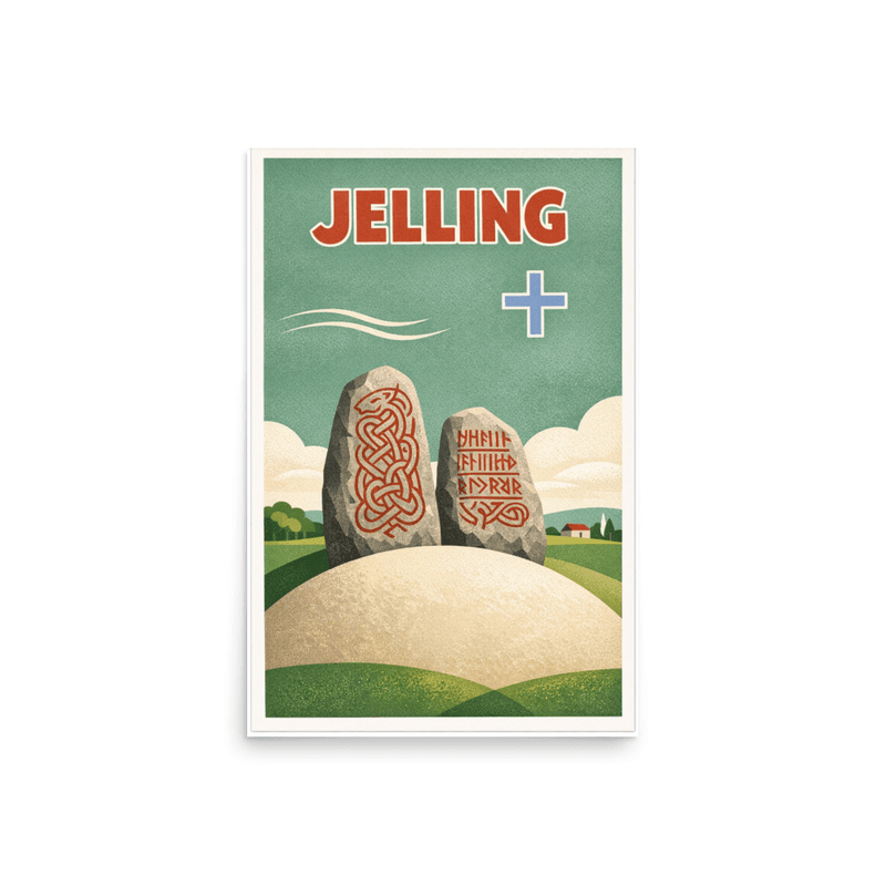 Affiche vintage Jelling – Poster de voyage rétro, pierres runiques, croix viking, DANEMARK