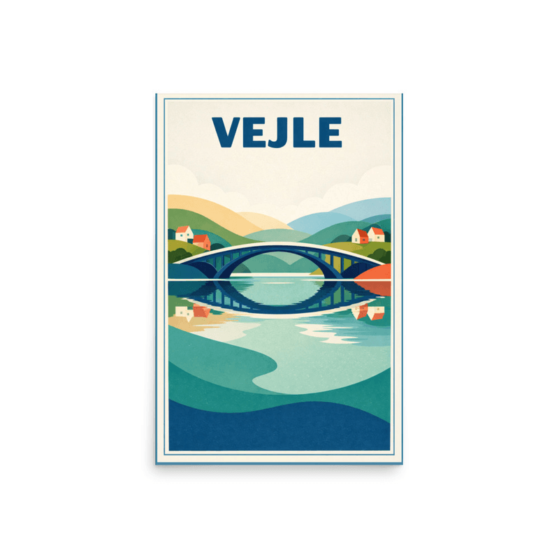 Affiche vintage Vejle – Poster de voyage rétro, pont, rivière, collines, DANEMARK