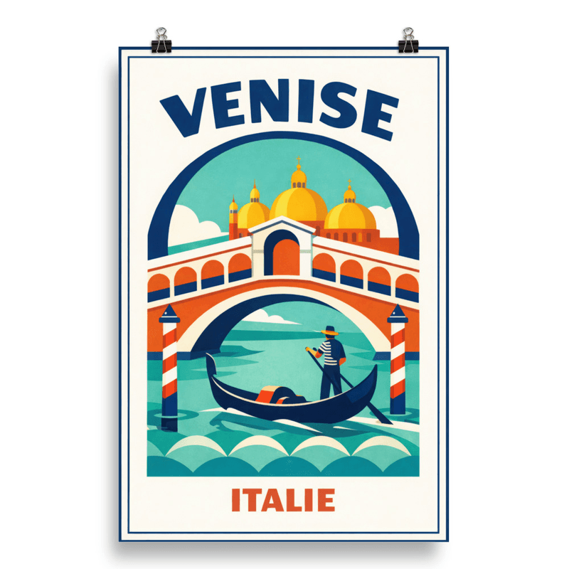 Affiche vintage Venise – Poster de voyage rétro, Gondole, Pont du Rialto, Canal, Vénétie, Italie