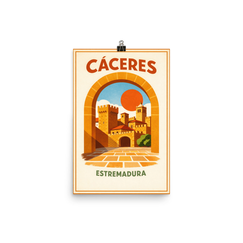 Affiche vintage Cáceres Estramadure – Poster de voyage rétro, Vieille Ville, Patrimoine UNESCO, Espagne