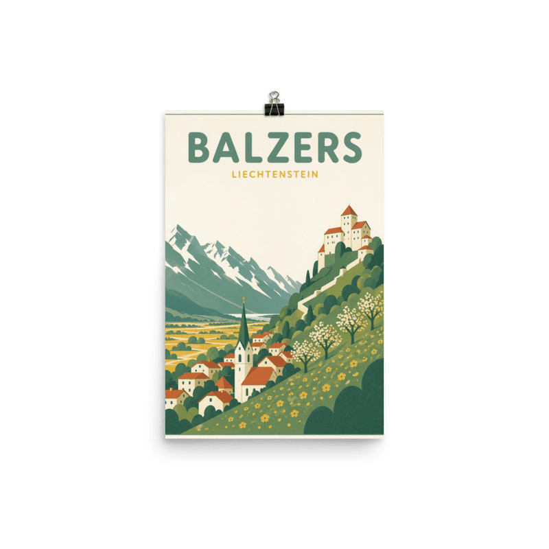 Affiche vintage Balzers – Poster de voyage rétro, Château et Village Alpin, Liechtenstein