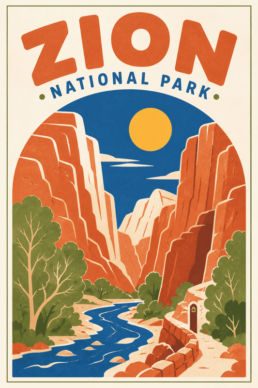 Affiche vintage Zion National Park – Poster de voyage rétro, Zion National Park, États-Unis, AMÉRIQUE DU NORD