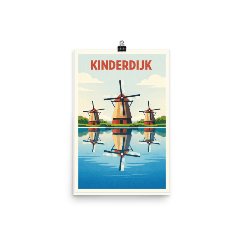 Affiche vintage Kinderdijk – Poster de voyage rétro, moulins à vent, reflets, patrimoine UNESCO, PAYS-BAS