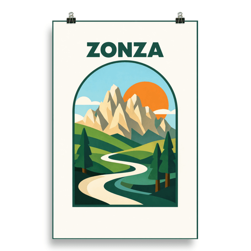 Affiche vintage Zonza – Poster de voyage rétro, montagnes, forêt, CORSE