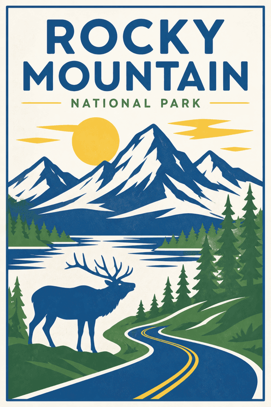 Affiche vintage Rocky Mountain National Park – Poster de voyage rétro, Rocky Mountain National Park, États-Unis, AMÉRIQUE DU NORD