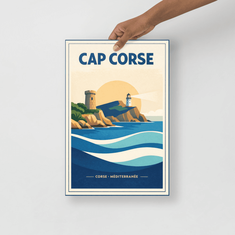 Affiche vintage Cap Corse – Poster de voyage rétro, Phare, Cap, Corse, France