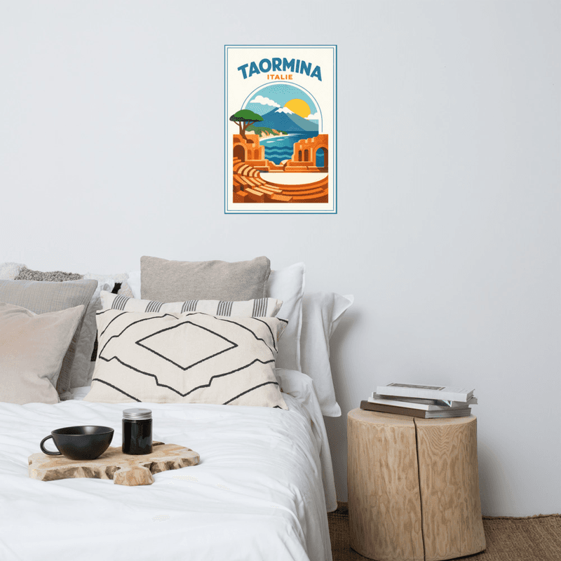 Affiche vintage Taormina – Poster de voyage rétro, théâtre antique, vue sur l'Etna, Sicile, Italie