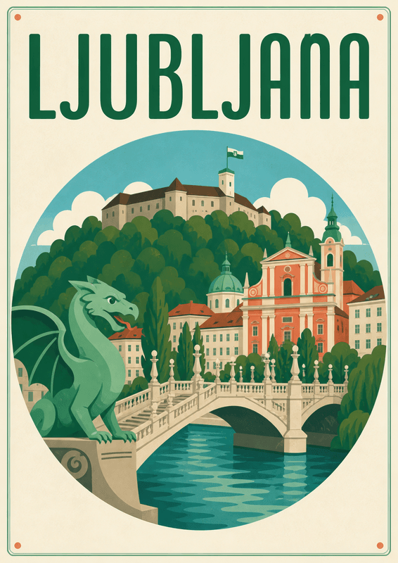 Affiche vintage Ljubljana – Poster de voyage rétro, Ljubljana, Slovénie, EUROPE
