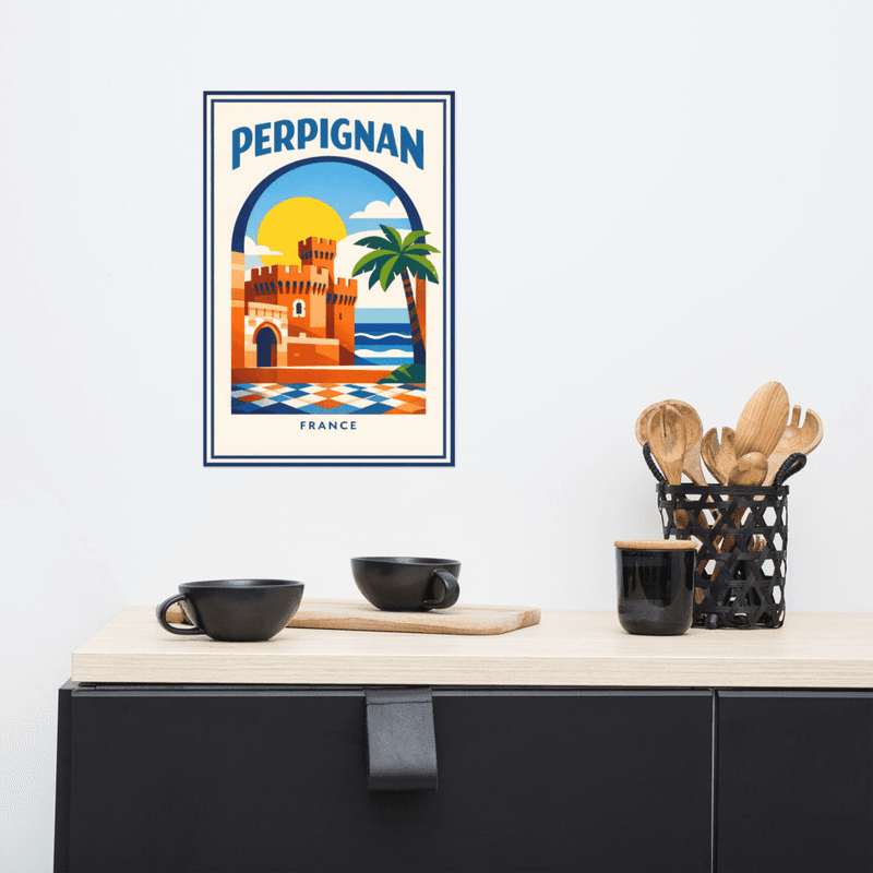 Affiche vintage Perpignan – Poster de voyage rétro, Palais des Rois de Majorque, Roussillon, France