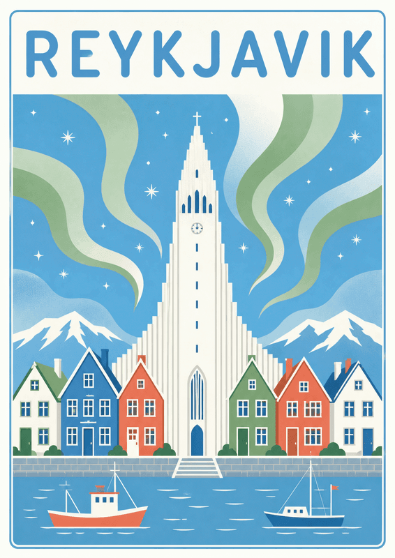 Affiche vintage Reykjavik – Poster de voyage rétro, Reykjavik, Islande, EUROPE