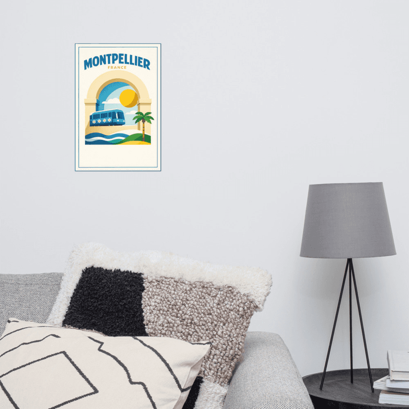 Affiche vintage Montpellier – Poster de voyage rétro, Tramway, Méditerranée, Hérault, France