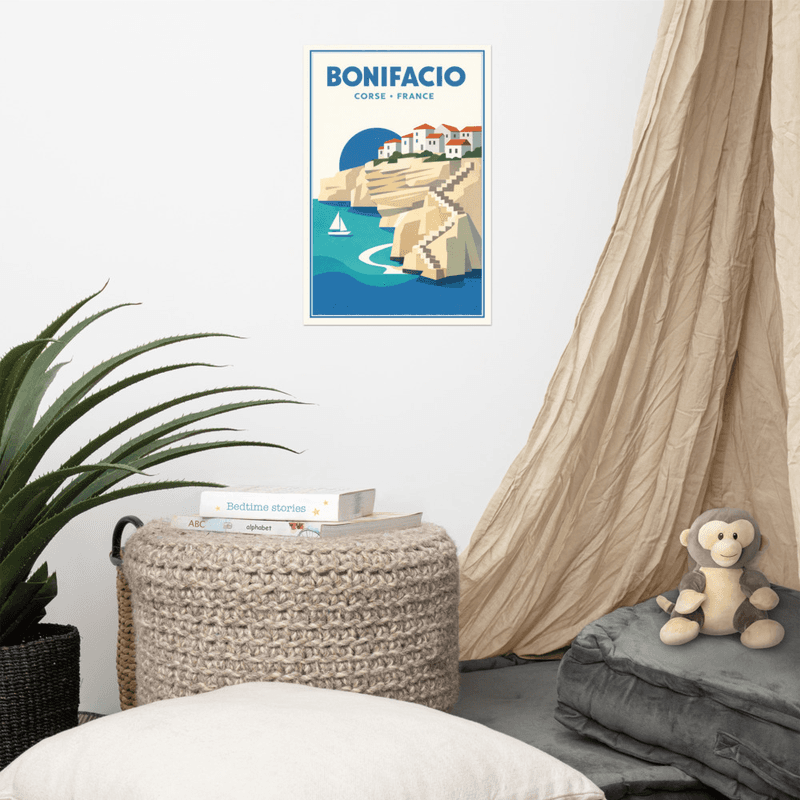 Affiche vintage Bonifacio – Poster de voyage rétro, falaises, citadelle, voilier, Corse, France