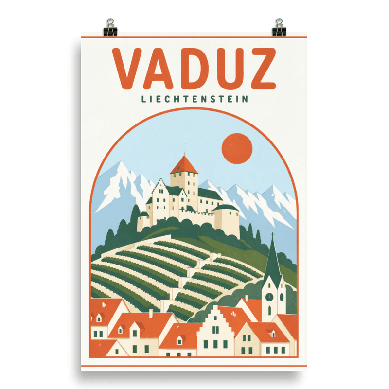 Affiche vintage Vaduz – Poster de voyage rétro, Château Royal Capitale Vignobles, Liechtenstein