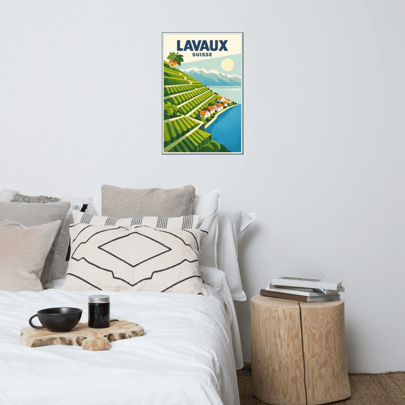 Affiche vintage Lavaux – Poster de voyage rétro, vignobles en terrasses, Riviera vaudoise, Suisse