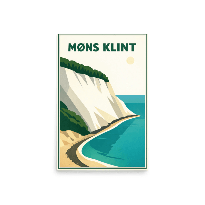 Affiche vintage Møns Klint – Poster de voyage rétro, falaises blanches, mer turquoise, côte, DANEMARK