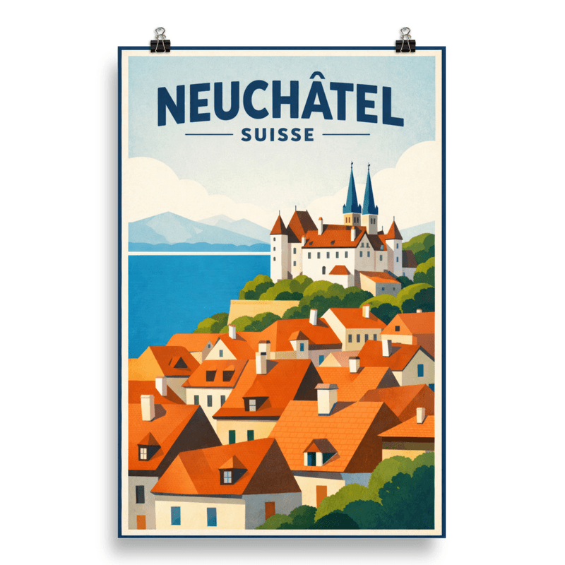 Affiche vintage Neuchâtel – Poster de voyage rétro, lac et ville médiévale, canton de Neuchâtel, Suisse