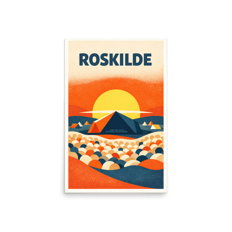 Affiche vintage Roskilde – Poster de voyage rétro, festival, scène, soleil couchant, DANEMARK