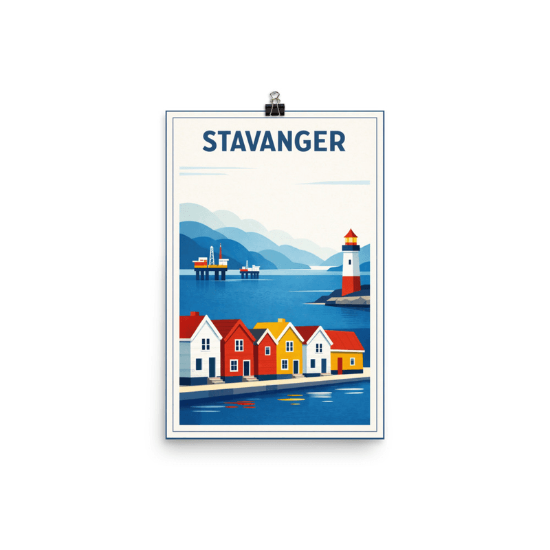 Affiche vintage Stavanger – Poster de voyage rétro, phare, fjord, NORVEGE