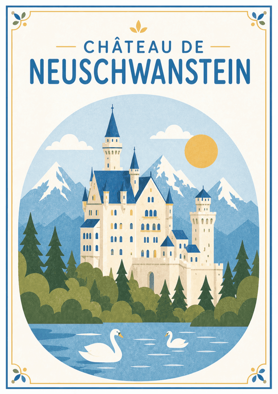 Affiche vintage Château de Neuschwanstein – Poster de voyage rétro, Château de Neuschwanstein, Allemagne, EUROPE