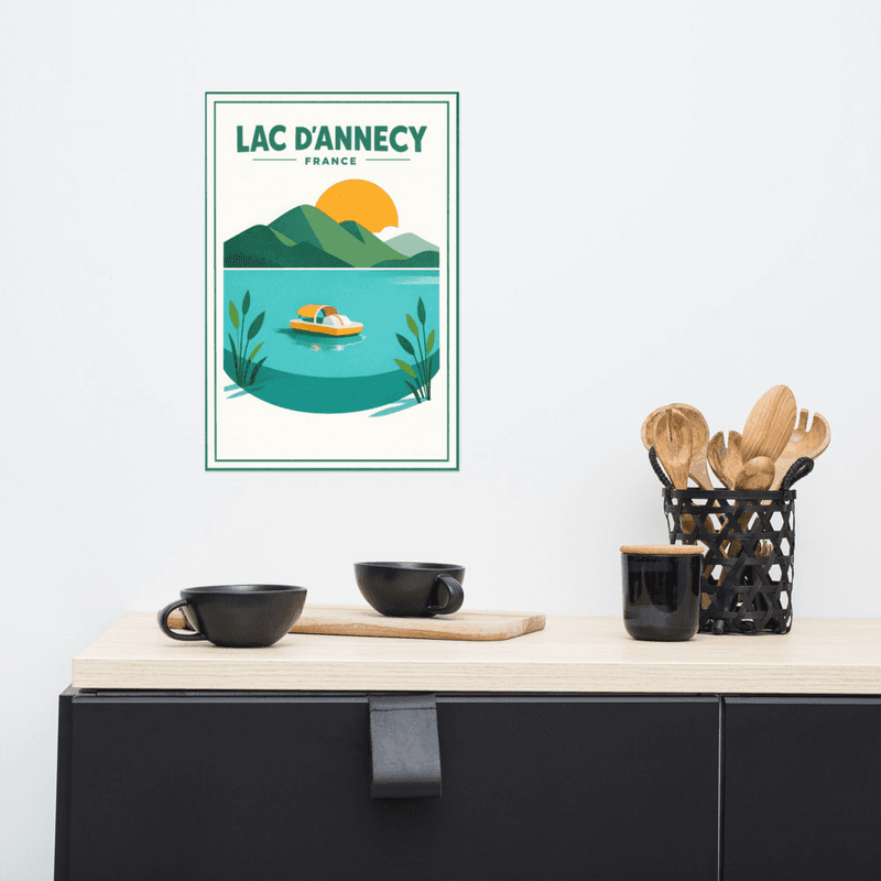Affiche vintage Lac d'Annecy – Poster de voyage rétro, montagne, bateau, Haute-Savoie, Auvergne-Rhône-Alpes, France