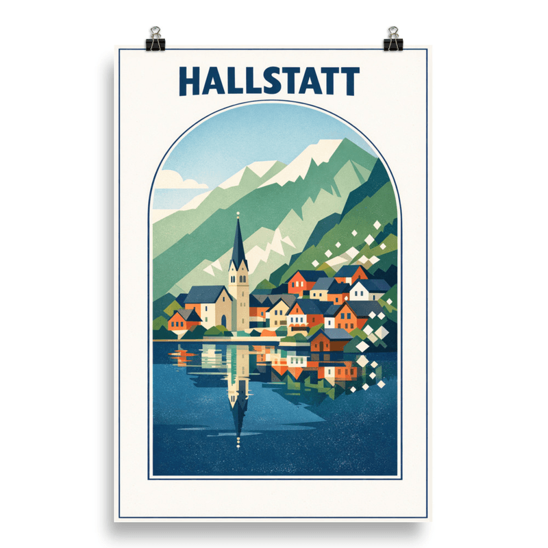 Affiche vintage Hallstatt – Poster de voyage rétro, Village Lacustre et Alpes Autrichiennes, AUTRICHE