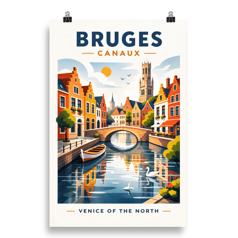 Affiche vintage Bruges – Poster de voyage rétro, canaux et beffroi, Belgique