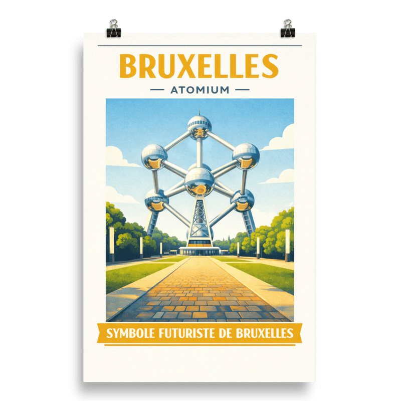 Affiche vintage Bruxelles – Poster de voyage rétro, Atomium symbole futuriste, Belgique