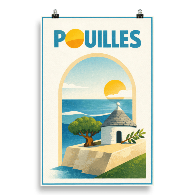 Affiche vintage Pouilles – Poster de voyage rétro, Trulli, Oliviers, Puglia, Italie