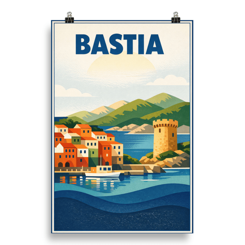 Affiche vintage Bastia – Poster de voyage rétro, vieille ville, port, tour génoise, CORSE