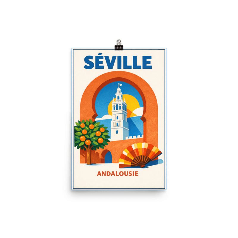 Affiche vintage Séville Andalousie – Poster de voyage rétro, Giralda, Orangers, Espagne