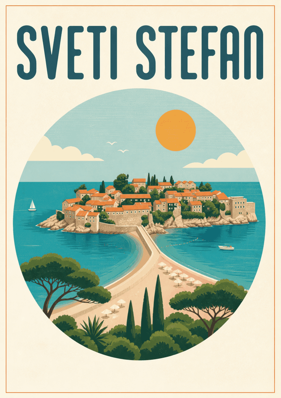 Affiche vintage Sveti Stefan – Poster de voyage rétro, Sveti Stefan, Monténégro, EUROPE