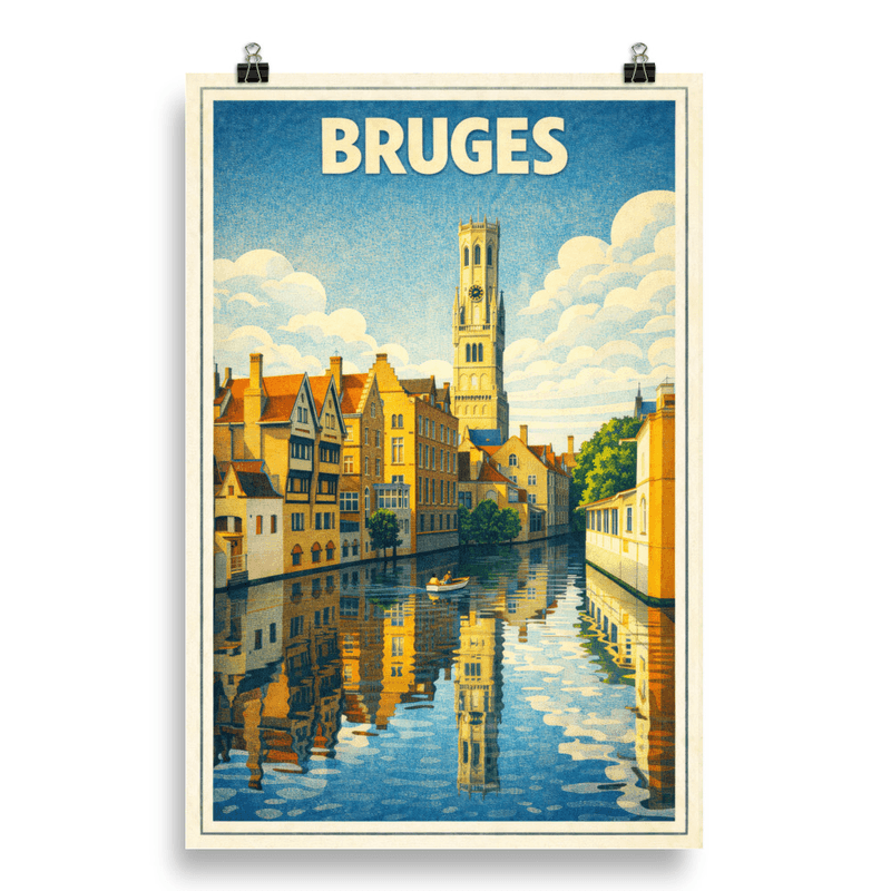 Affiche vintage Bruges – Poster de voyage rétro, Beffroi et Rozenhoedkaai, Belgique