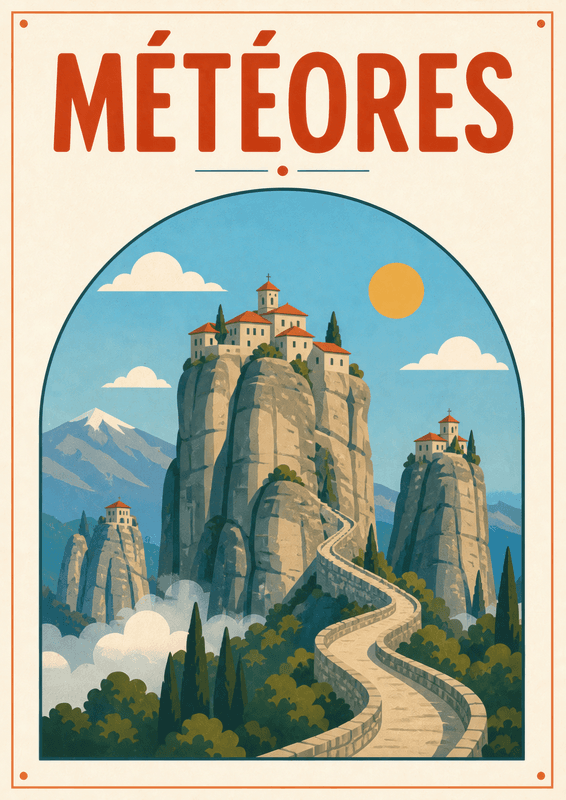 Affiche vintage Météores – Poster de voyage rétro, Météores, Grèce, EUROPE