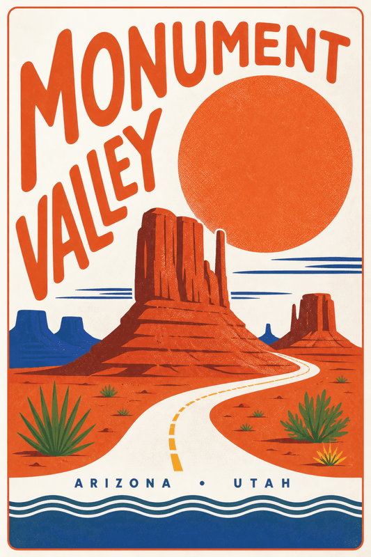 Affiche vintage Monument Valley – Poster de voyage rétro, Monument Valley, États-Unis, AMÉRIQUE DU NORD