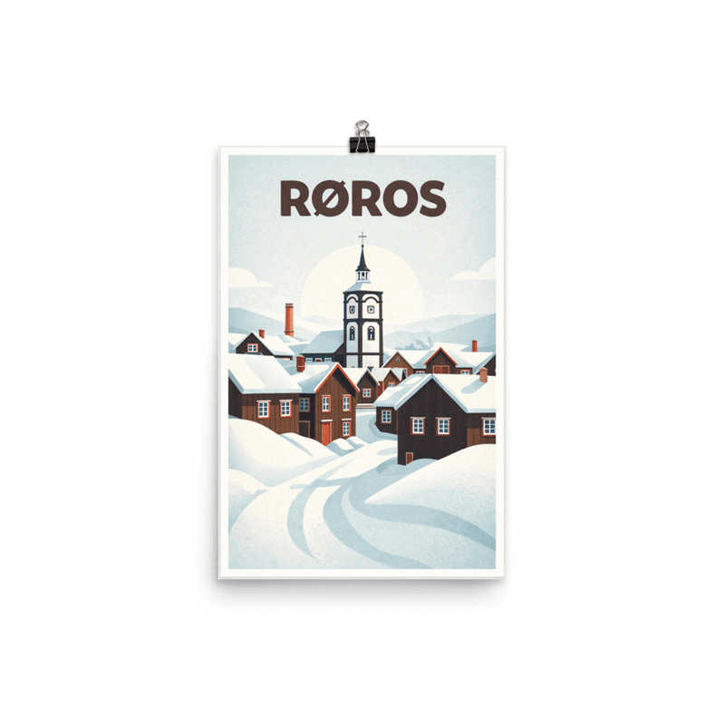 Affiche vintage Røros – Poster de voyage rétro, village minier, NORVEGE