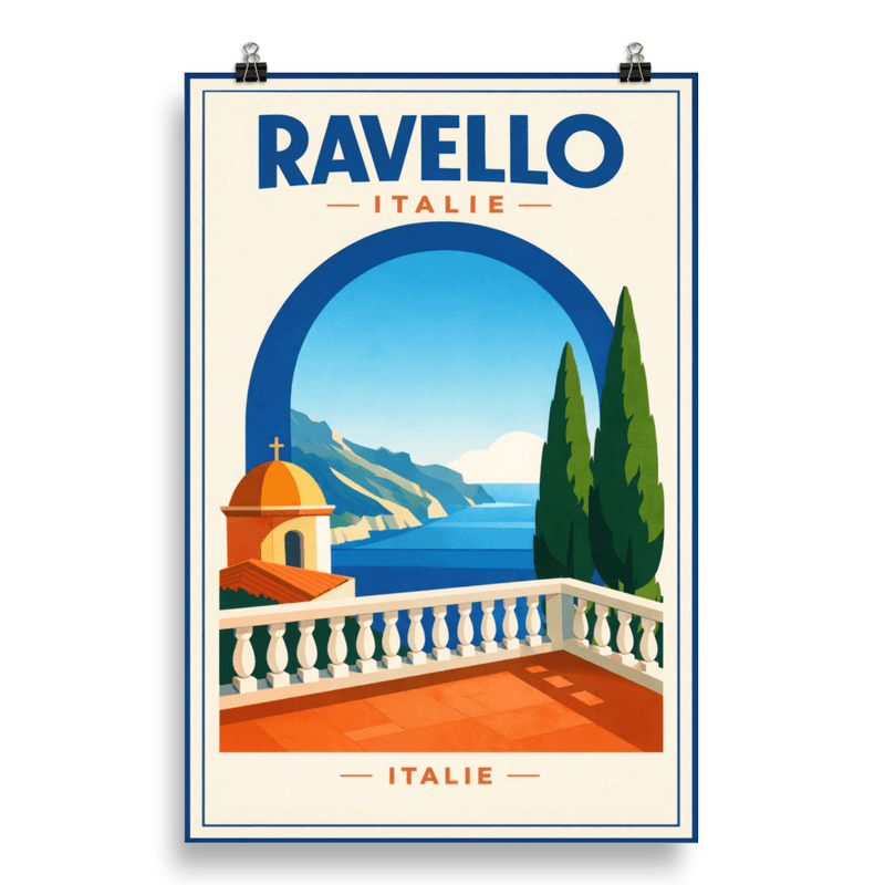 Affiche vintage Ravello – Poster de voyage rétro, Vue sur mer, Arche, Côte Amalfitaine, Campanie, Italie