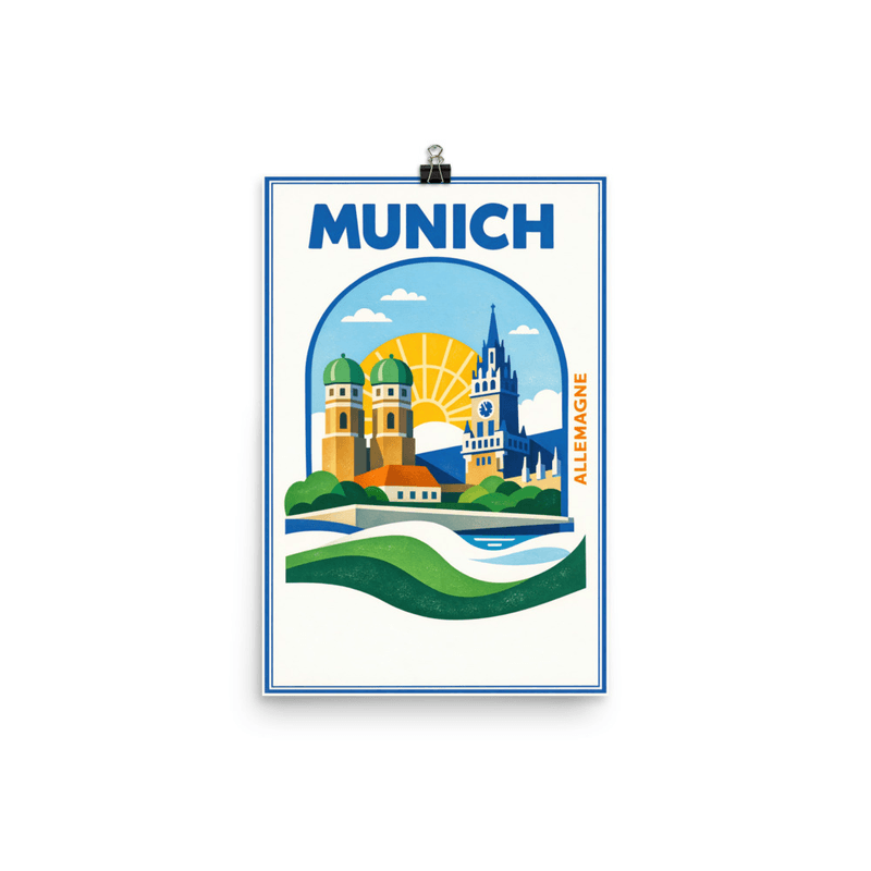 Affiche vintage Munich – Poster de voyage rétro, Frauenkirche et Marienplatz, ALLEMAGNE