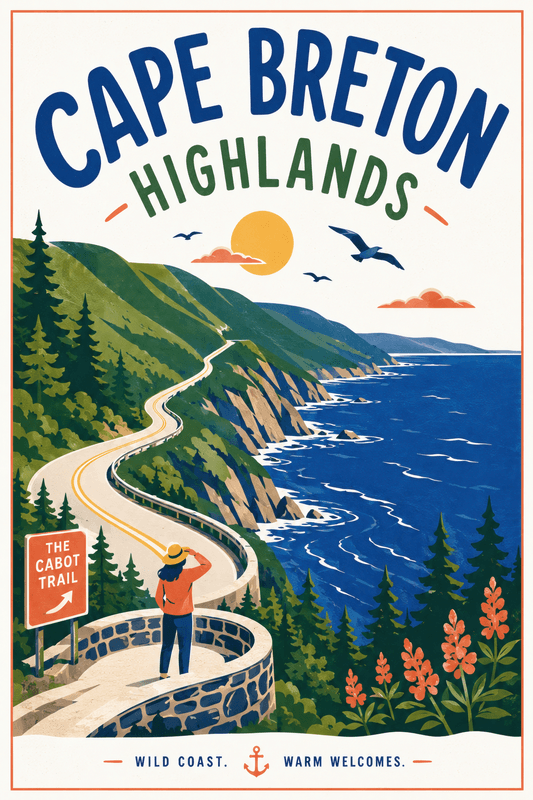 Affiche vintage Cape Breton Highlands – Poster de voyage rétro, Cape Breton Highlands, Canada, AMÉRIQUE DU NORD