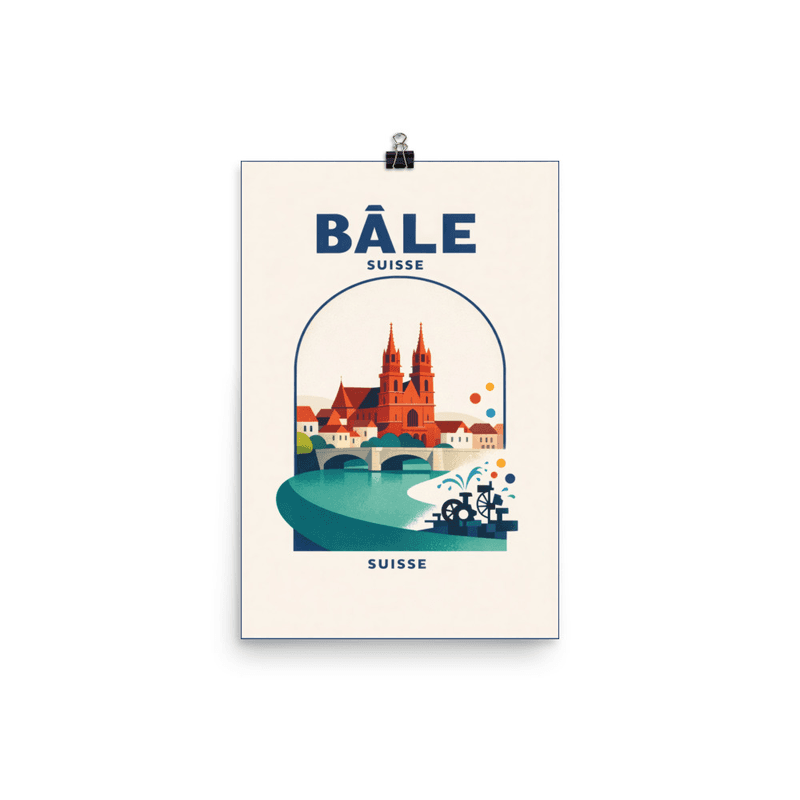 Affiche vintage Bâle – Poster de voyage rétro, cathédrale et fleuve Rhin, Suisse