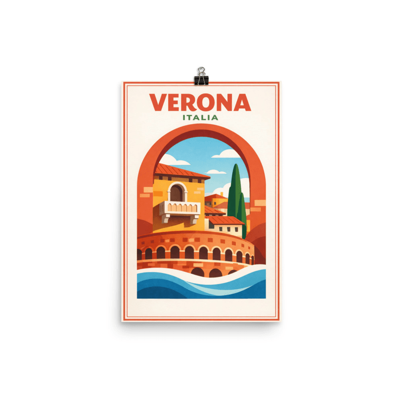 Affiche vintage Vérone – Poster de voyage rétro, arène romaine, pont Scaliger, Vénétie, Italie