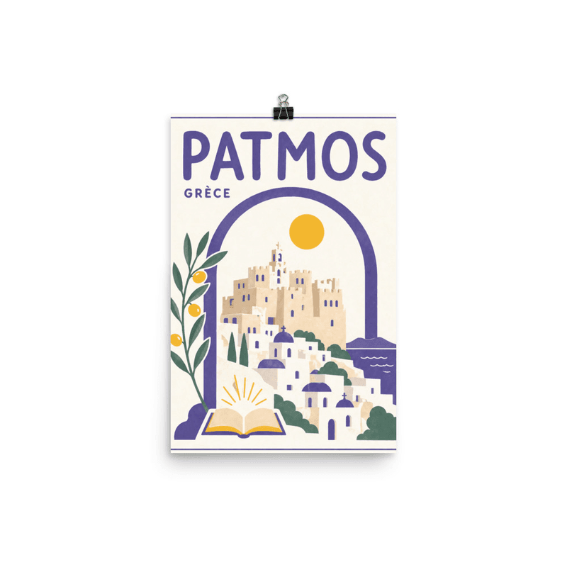 Affiche vintage Patmos – Poster de voyage rétro, Monastère Saint-Jean Arche Livre Orchidées, GRECE