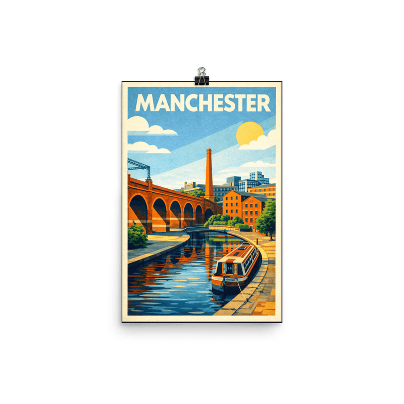 Affiche vintage Manchester – Poster de voyage rétro, canaux victoriens et péniche, Angleterre