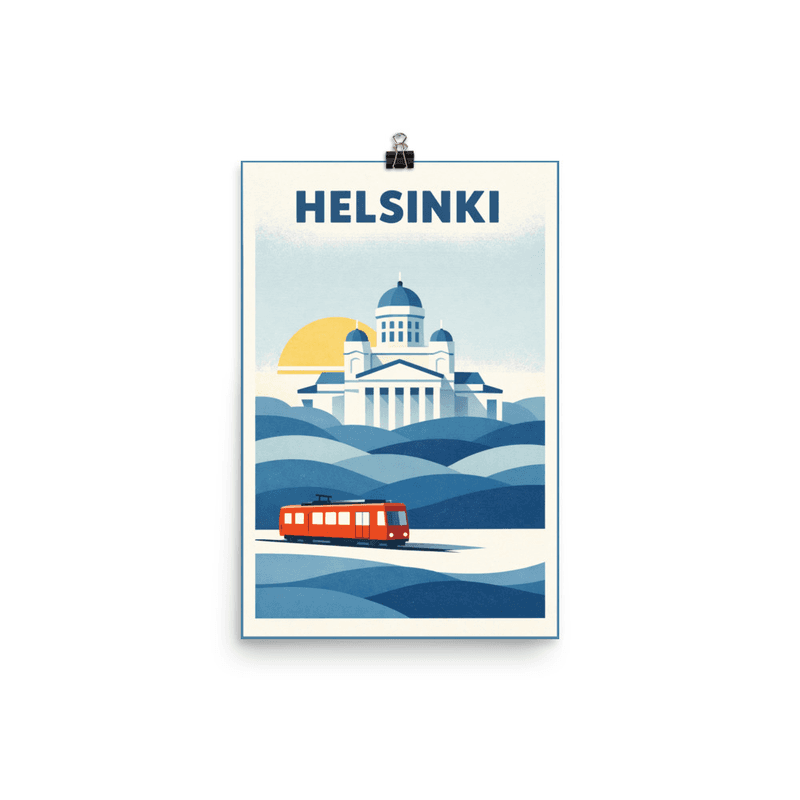 Affiche vintage Helsinki – Poster de voyage rétro, Cathédrale et Tramway, FINLANDE