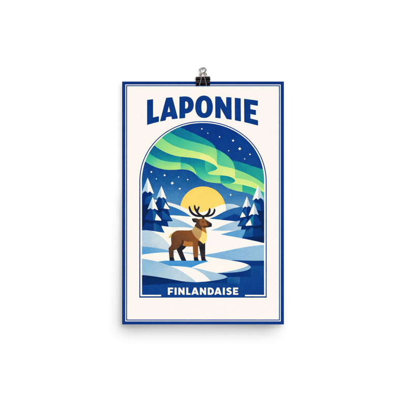 Affiche vintage Laponie – Poster de voyage rétro, Aurores Boréales et Renne, FINLANDE