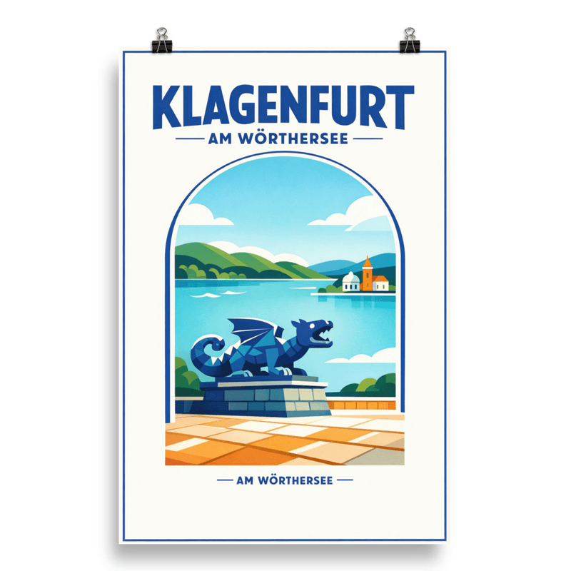 Affiche vintage Klagenfurt – Poster de voyage rétro, Lindwurm et Lac Wörthersee, AUTRICHE