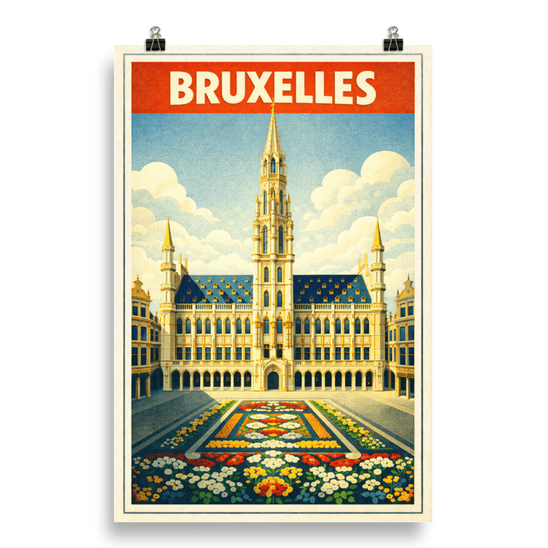 Affiche vintage Bruxelles – Poster de voyage rétro, Grand-Place et tapis de fleurs, Belgique
