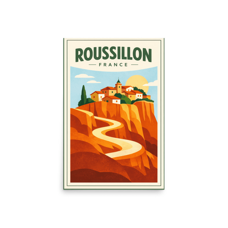 Affiche vintage Roussillon – Poster de voyage rétro, Village ocre, Luberon, Vaucluse, Provence, France
