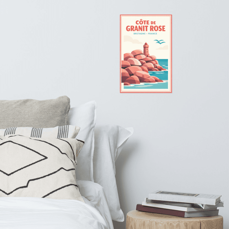 Affiche vintage Côte de Granit Rose – Poster de voyage rétro, phare, rochers roses, mer, Bretagne, France