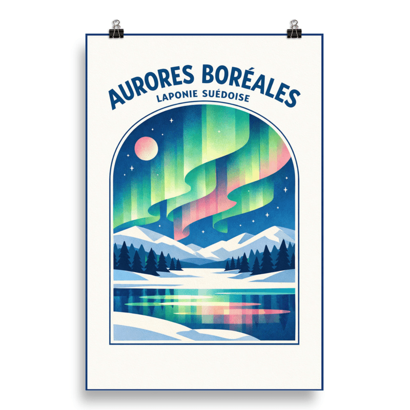 Affiche vintage Aurores Boréales – Poster de voyage rétro, Laponie suédoise, SUEDE