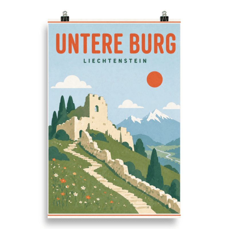 Affiche vintage Untere Burg – Poster de voyage rétro, Château en Ruine et Paysage, Liechtenstein